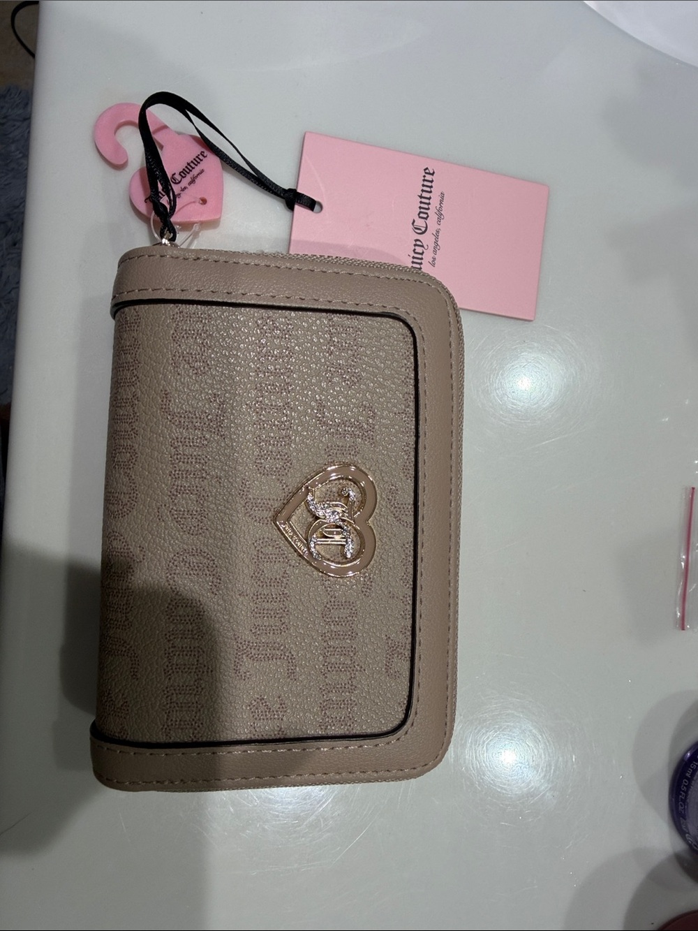 Juicy Couture Taupe Zip Around Wallet with Heart Emblem